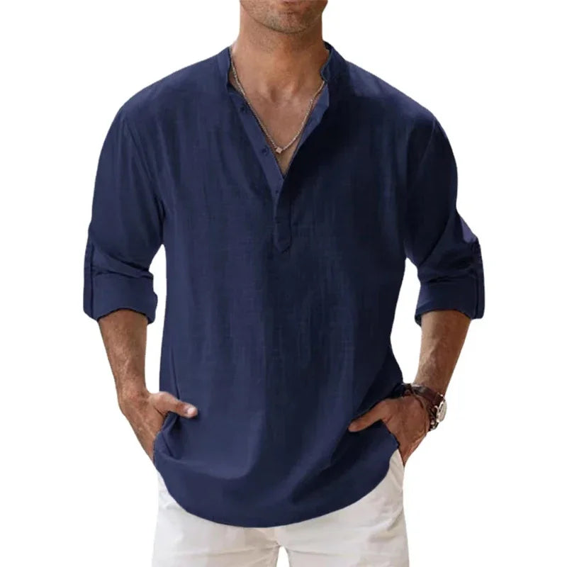 2025 New Cotton Linen Shirts for Men Casual Lightweight Long Sleeve Henley Beach Shirts Hawaiian TOPS for Men