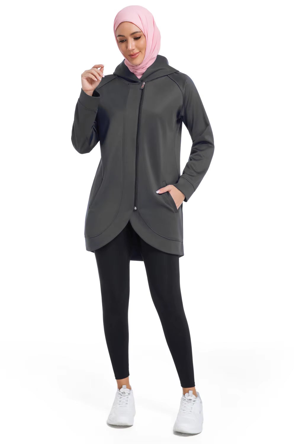 OEM Middle East Muslim Women'S Nylon Spandex Long Sleeve Zip up Long Hoodies Active Running plus Size Modest Hoodie with Pockets