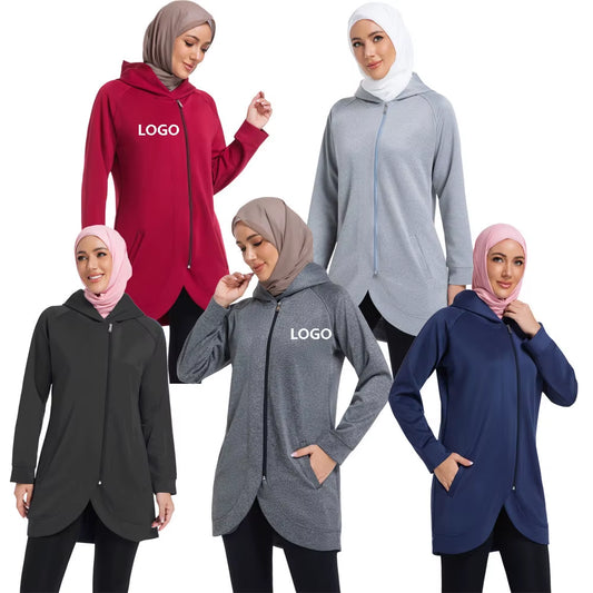OEM Middle East Muslim Women'S Nylon Spandex Long Sleeve Zip up Long Hoodies Active Running plus Size Modest Hoodie with Pockets