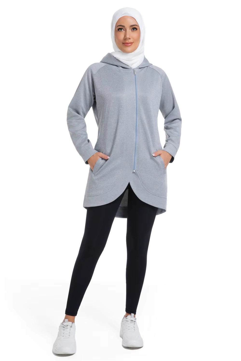 OEM Middle East Muslim Women'S Nylon Spandex Long Sleeve Zip up Long Hoodies Active Running plus Size Modest Hoodie with Pockets
