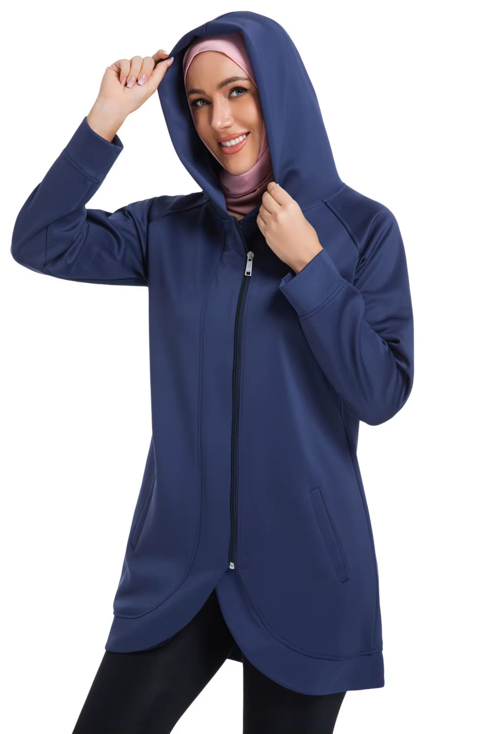 OEM Middle East Muslim Women'S Nylon Spandex Long Sleeve Zip up Long Hoodies Active Running plus Size Modest Hoodie with Pockets
