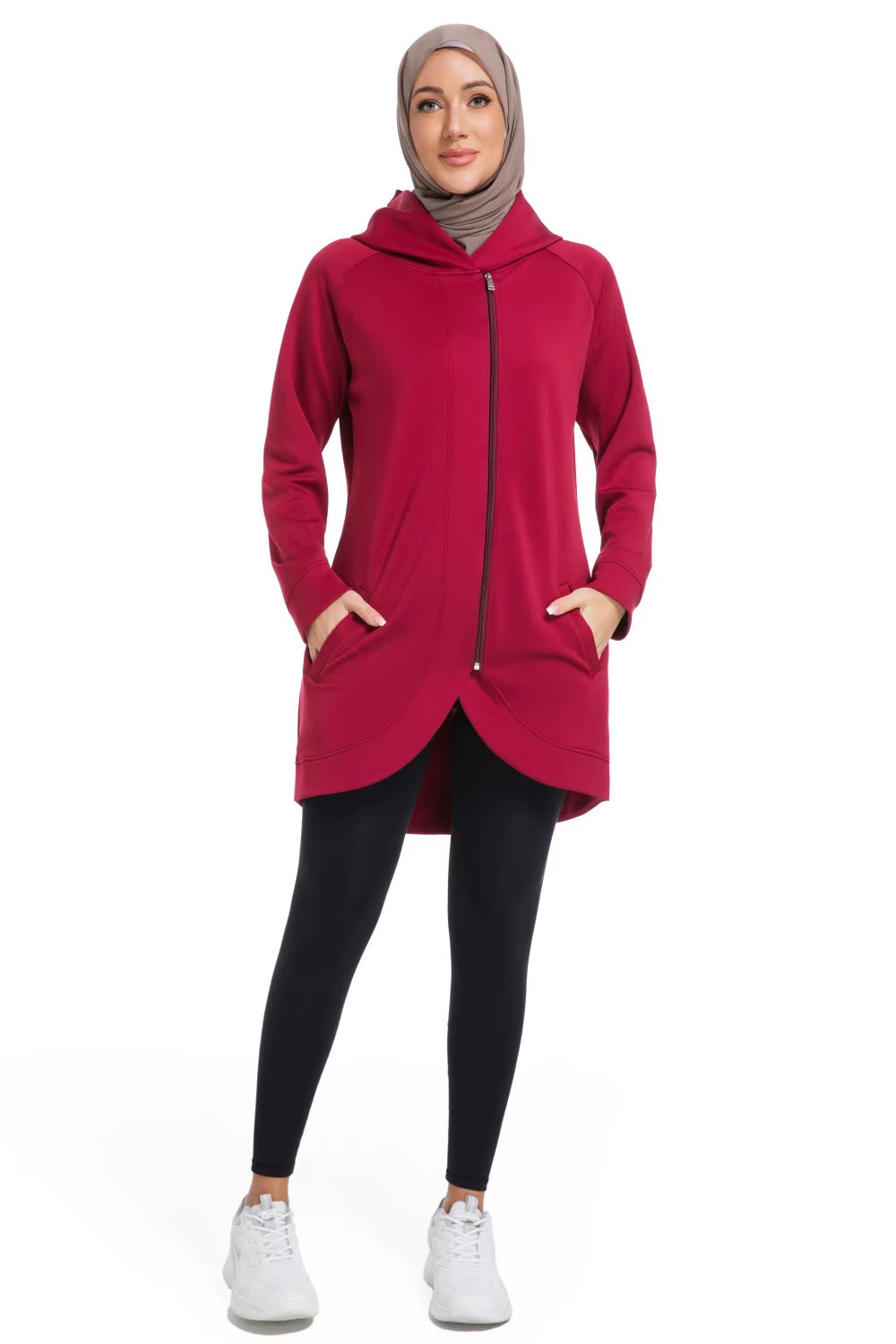 OEM Middle East Muslim Women'S Nylon Spandex Long Sleeve Zip up Long Hoodies Active Running plus Size Modest Hoodie with Pockets