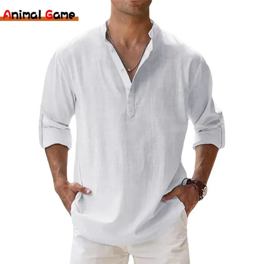 2025 New Cotton Linen Shirts for Men Casual Lightweight Long Sleeve Henley Beach Shirts Hawaiian TOPS for Men