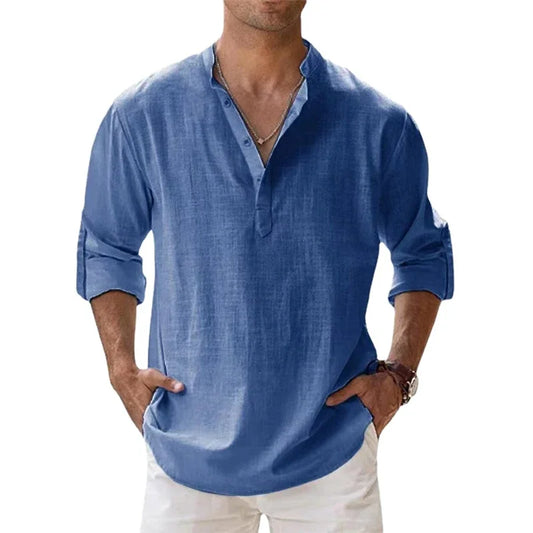 2025 New Cotton Linen Shirts for Men Casual Lightweight Long Sleeve Henley Beach Shirts Hawaiian TOPS for Men