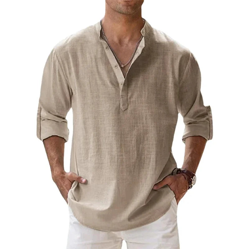 2025 New Cotton Linen Shirts for Men Casual Lightweight Long Sleeve Henley Beach Shirts Hawaiian TOPS for Men