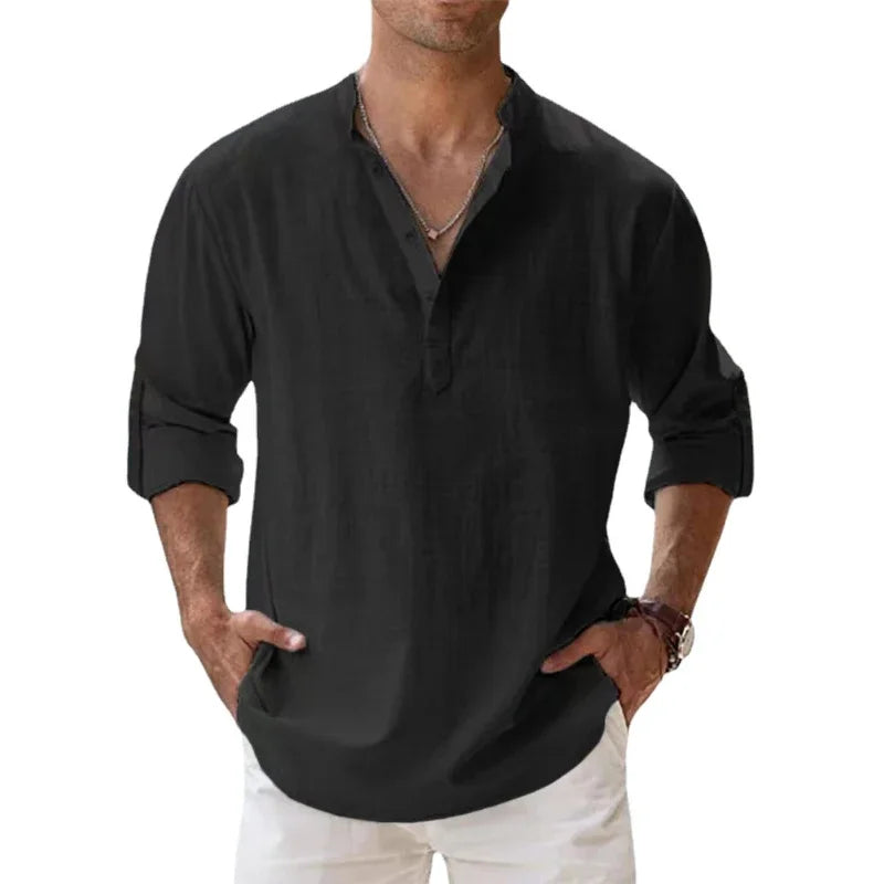 2025 New Cotton Linen Shirts for Men Casual Lightweight Long Sleeve Henley Beach Shirts Hawaiian TOPS for Men