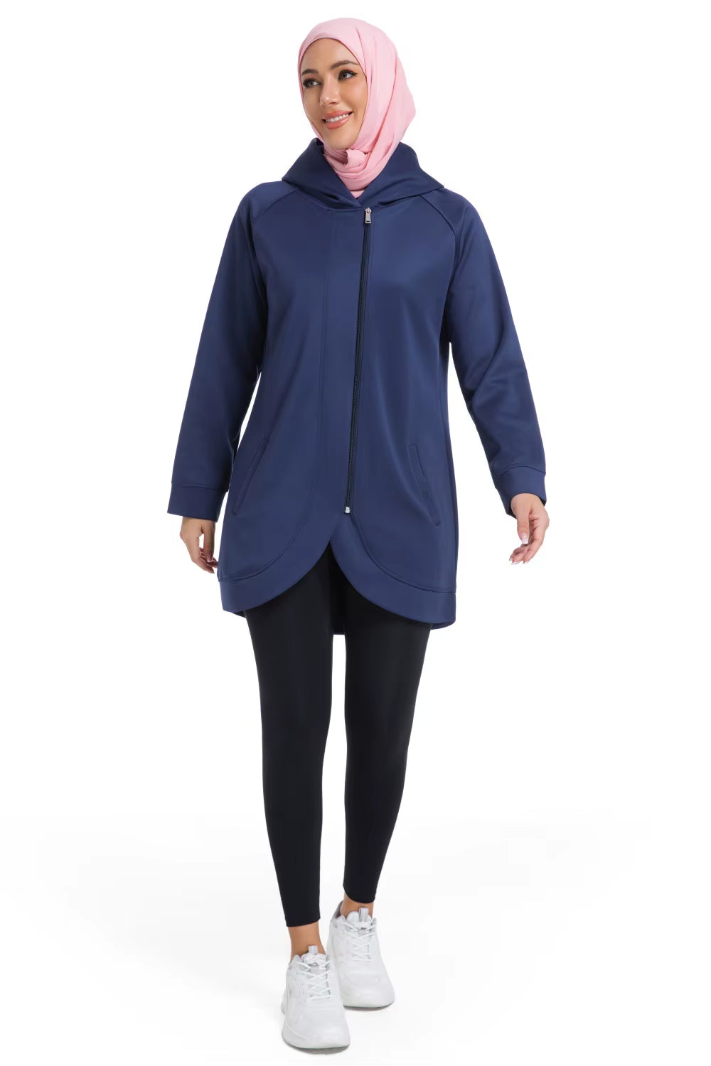 OEM Middle East Muslim Women'S Nylon Spandex Long Sleeve Zip up Long Hoodies Active Running plus Size Modest Hoodie with Pockets