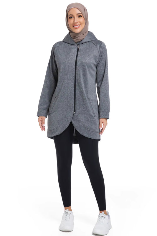 OEM Middle East Muslim Women'S Nylon Spandex Long Sleeve Zip up Long Hoodies Active Running plus Size Modest Hoodie with Pockets